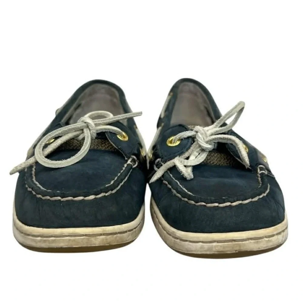Sperry Top Sider Women's Navy‎ Blue Canvas Boat Shoes With Woven Detail Size 8.5